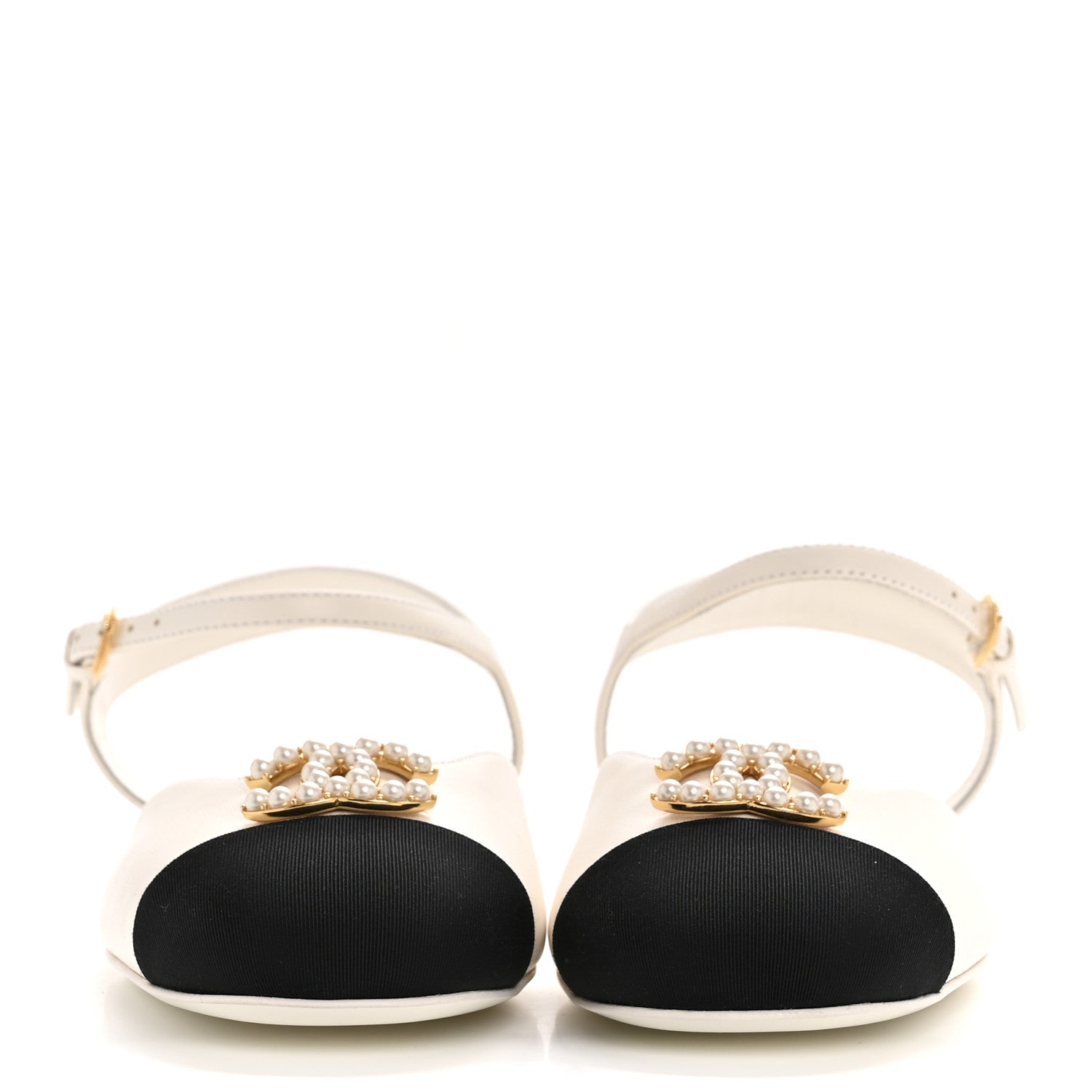 Chanel Lambskin Grosgrain Cap Toe Pearl CC Mary Jane Slingback Flats 38 Black White 3 of 10