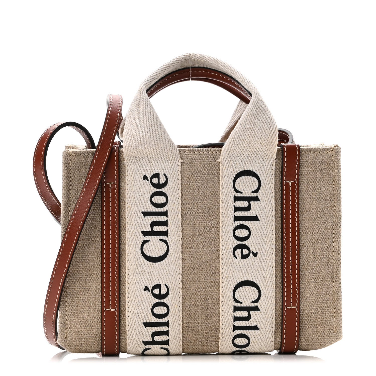 Chloe Cotton Calfskin Mini Woody Ribbon Tote White Brown 1 of 10
