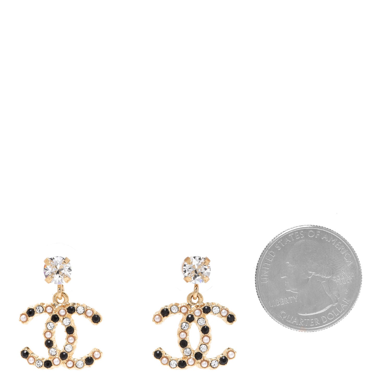 Chanel Resin Crystal Pearl CC Drop Earrings Gold Black 2 of 5