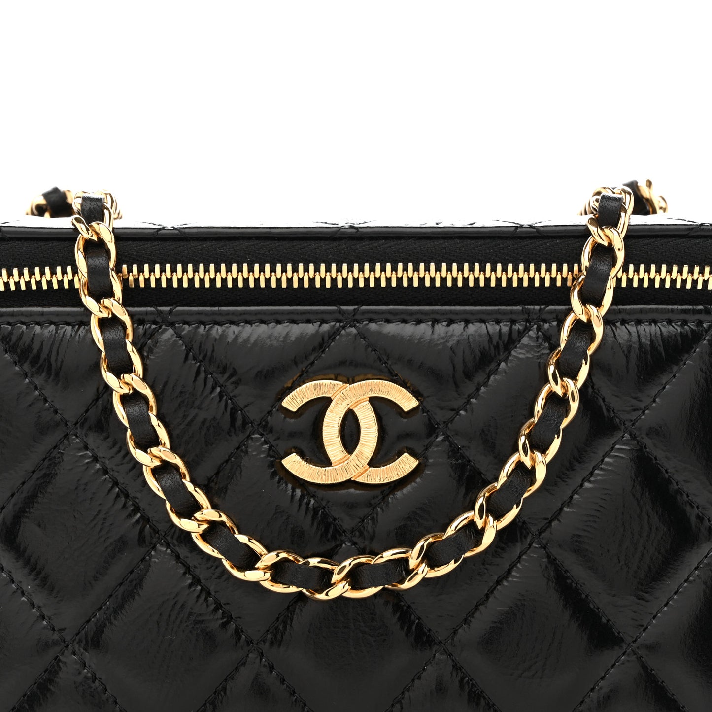 Shiny Lambskin Quilted Small Vanity Case With Chain Black