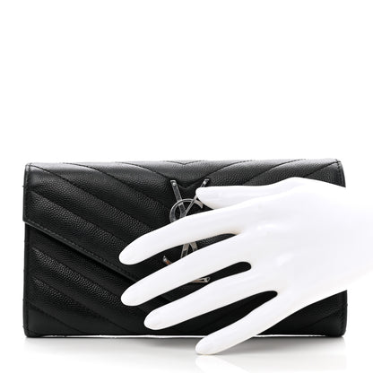 Saint Laurent Grain De Poudre Matelasse Chevron Monogram Flap Wallet Black 2 of 7