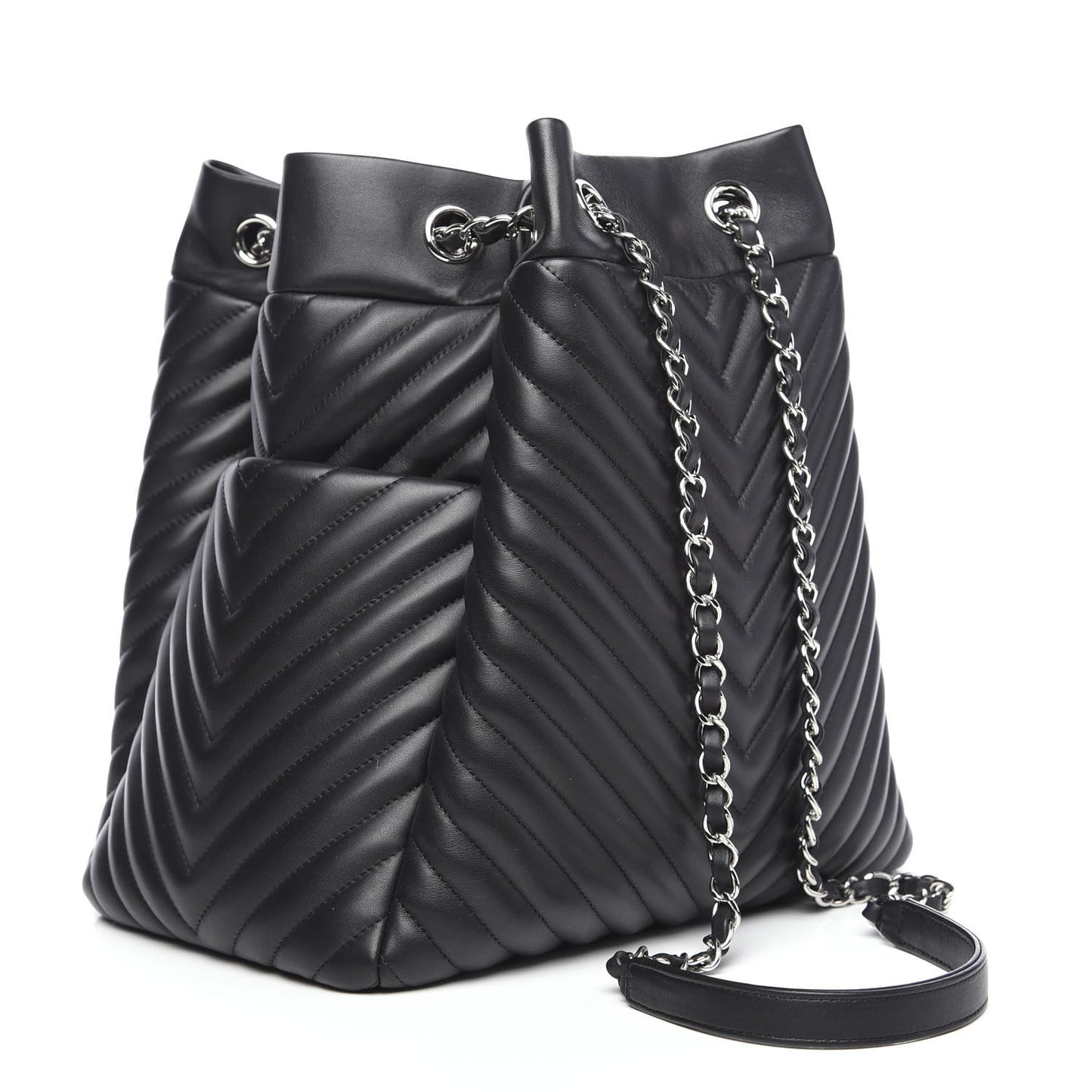 Lambskin Chevron Quilted Large Urban Spirit Drawstring Bag Black