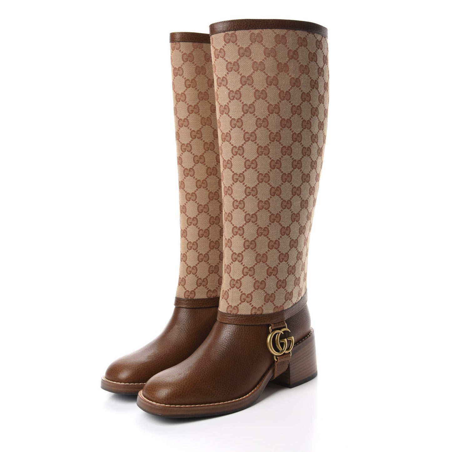 GG Monogram Calfskin Lola Tall Boots 37.5 Beige Ruggine Cuir