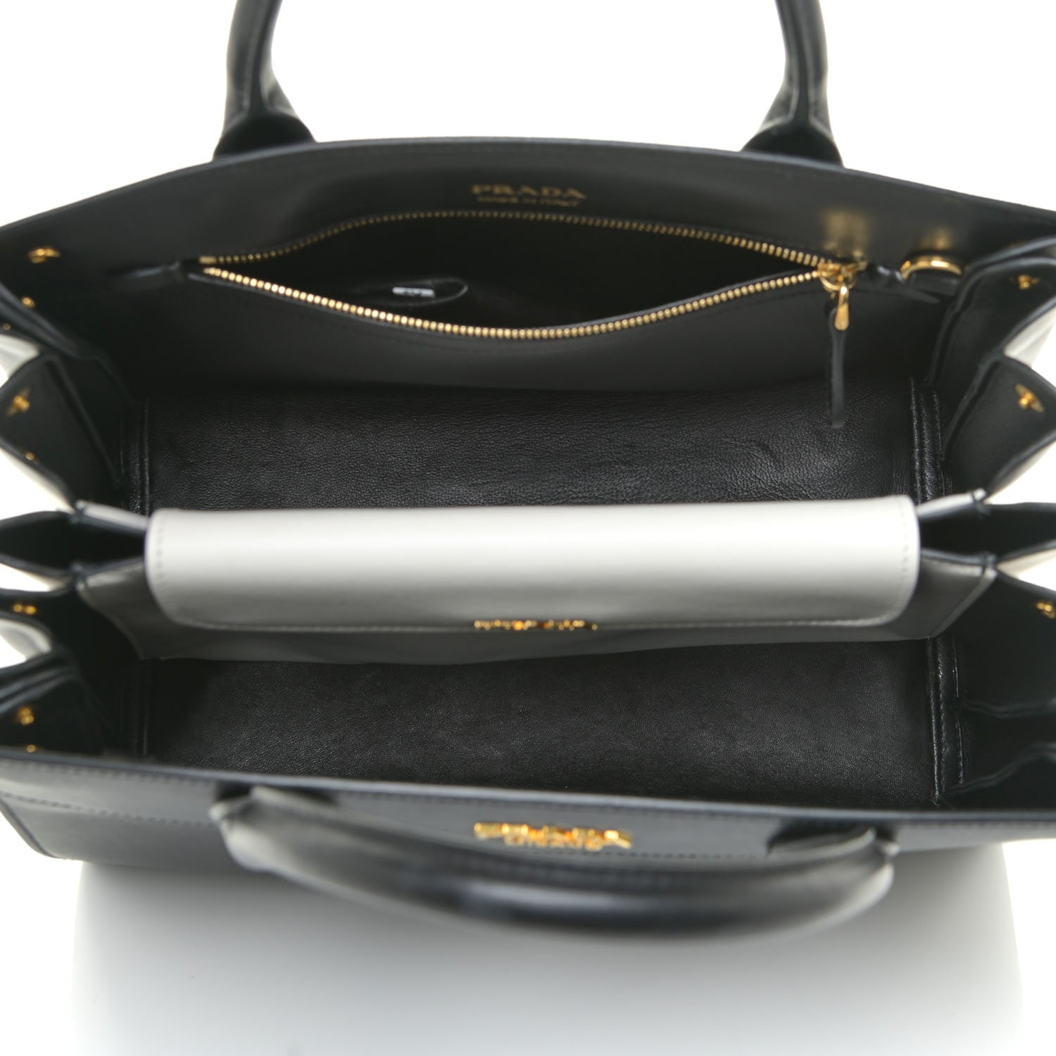Prada Saffiano City Calfskin Medium Bibliothèque Top Handle Black White 5 of 14
