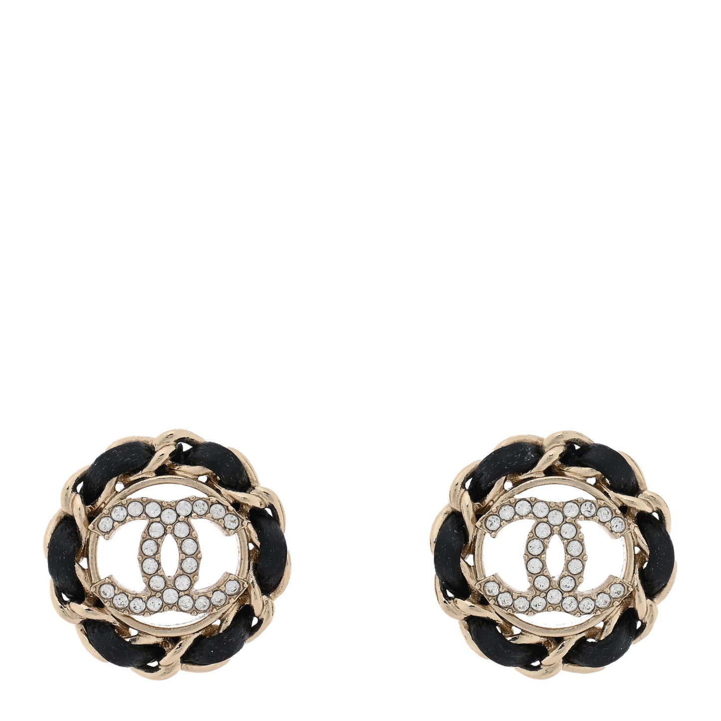 Crystal Lambskin Chain CC Stud Earrings Black Gold