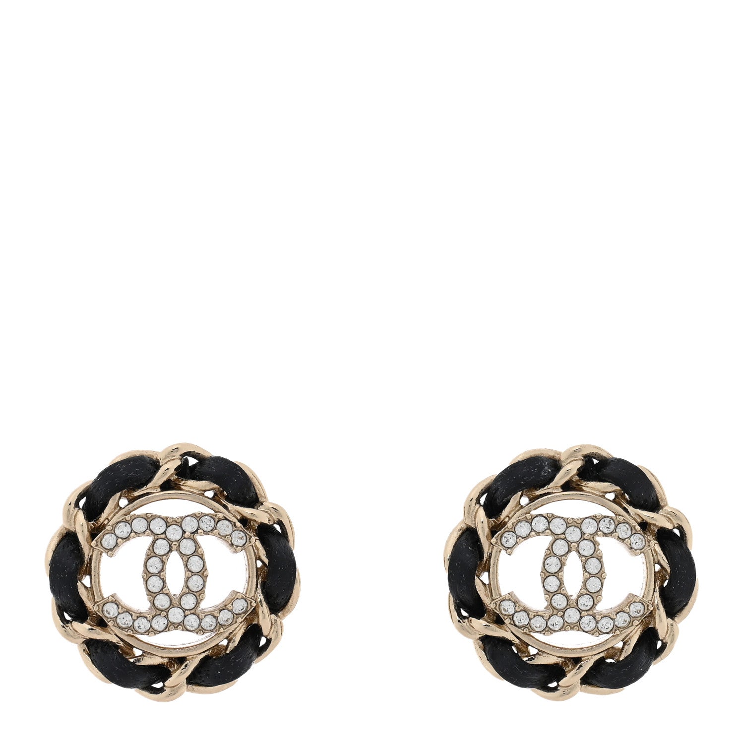 Chanel Crystal Lambskin Chain CC Stud Earrings Black Gold 1 of 5