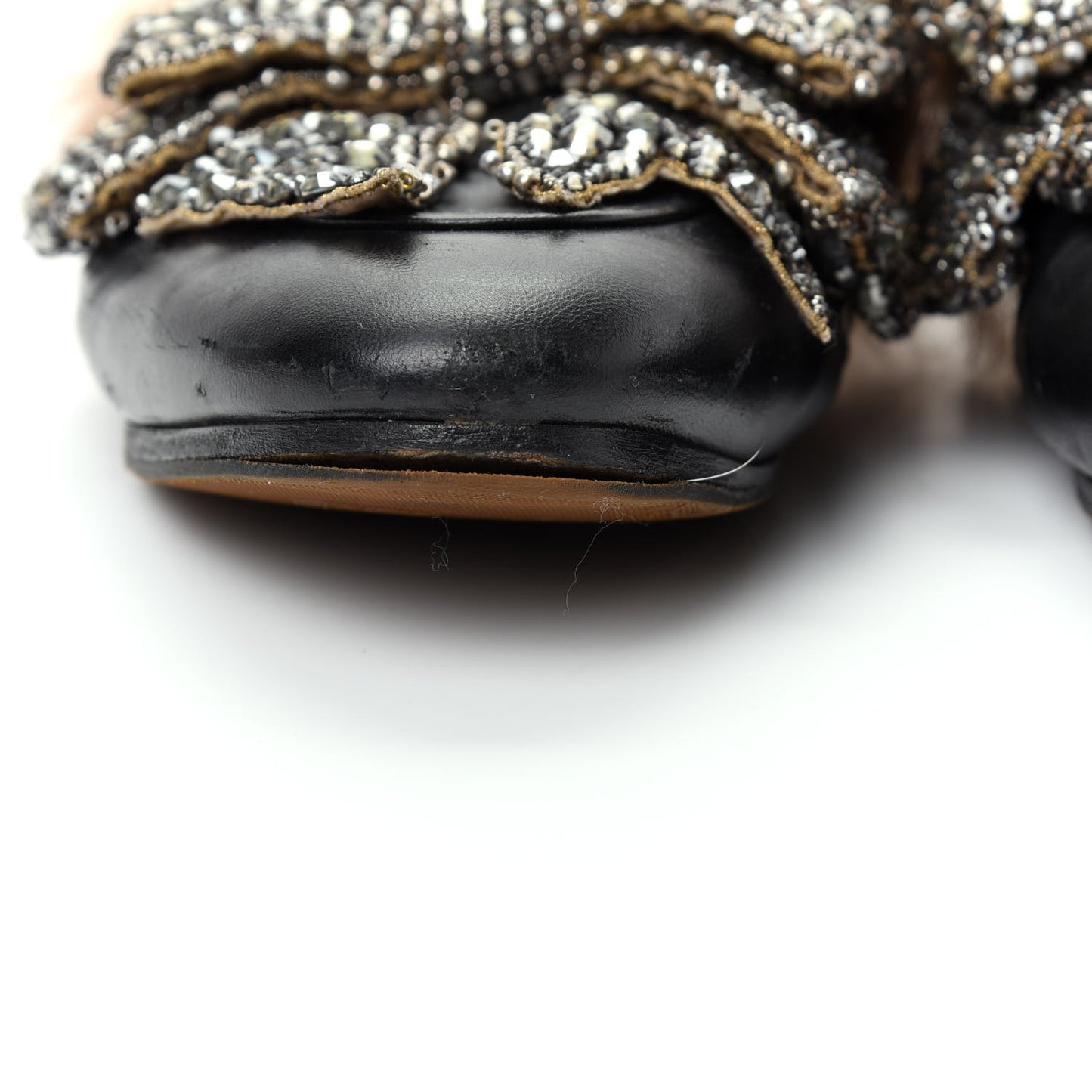 Malaga Kid Fur Crystal Bow Embroidered Womens Princetown Slippers 36 Black