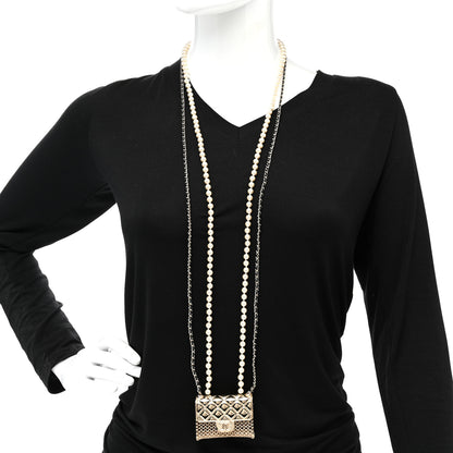 Chanel Metal Lambskin Pearl Chain Flap Bag Multi Strand Long Necklace Gold Black Pearly White 2 of 6