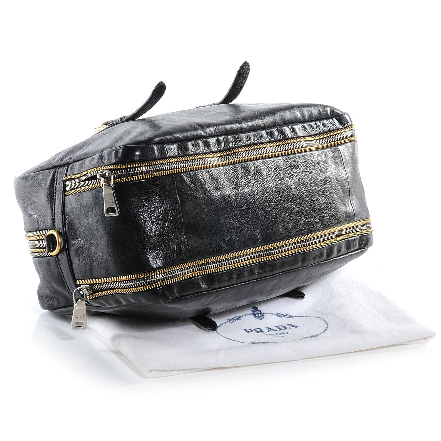 Prada Glace Calf Mirror Zippers Bowler Black 5 of 9