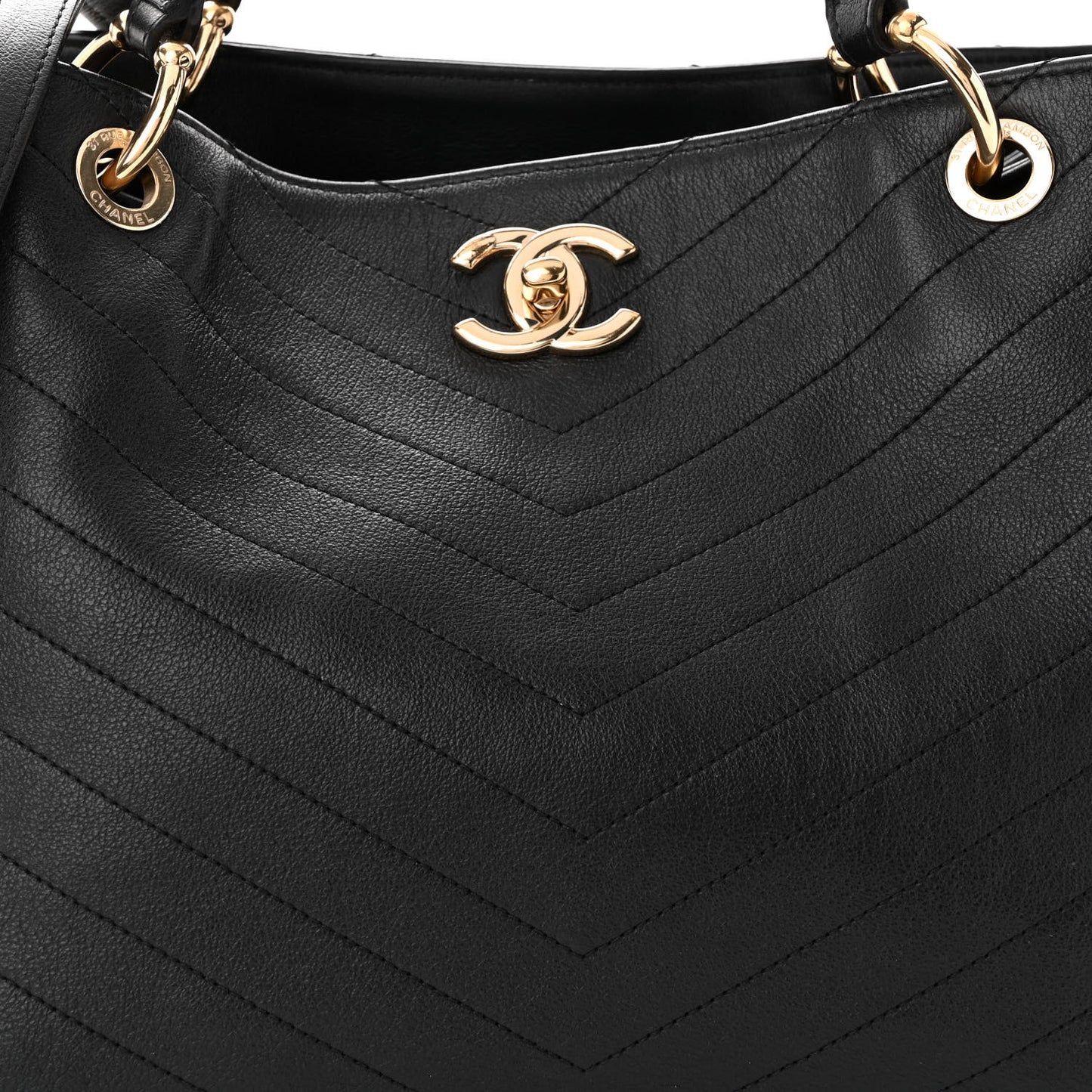 Calfskin Stitched Large Chevron Chic Shopping Bag Black