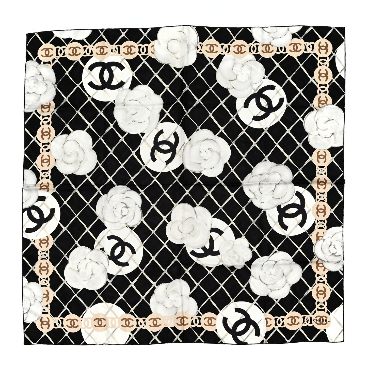 Silk Camellia CC Square Scarf Black