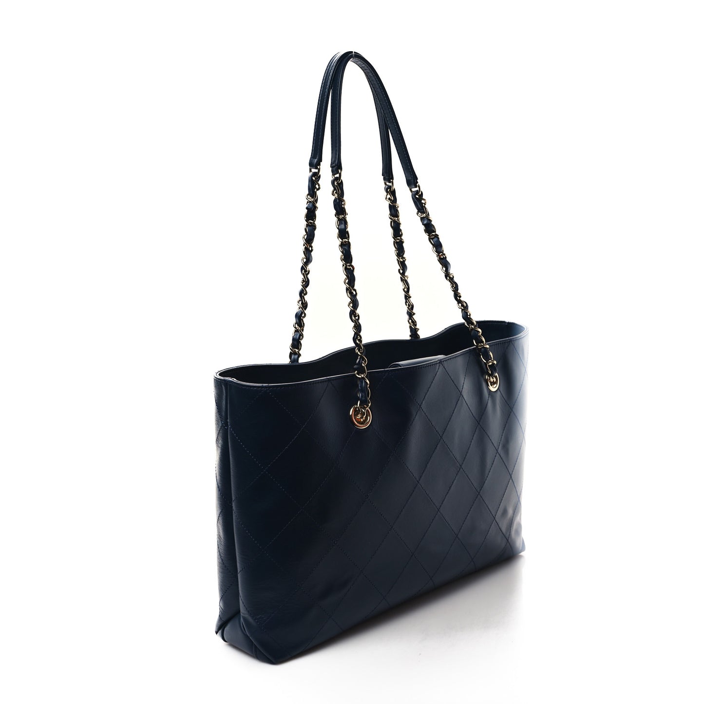 Glazed Calfskin Stitched Shopping Tote Blue