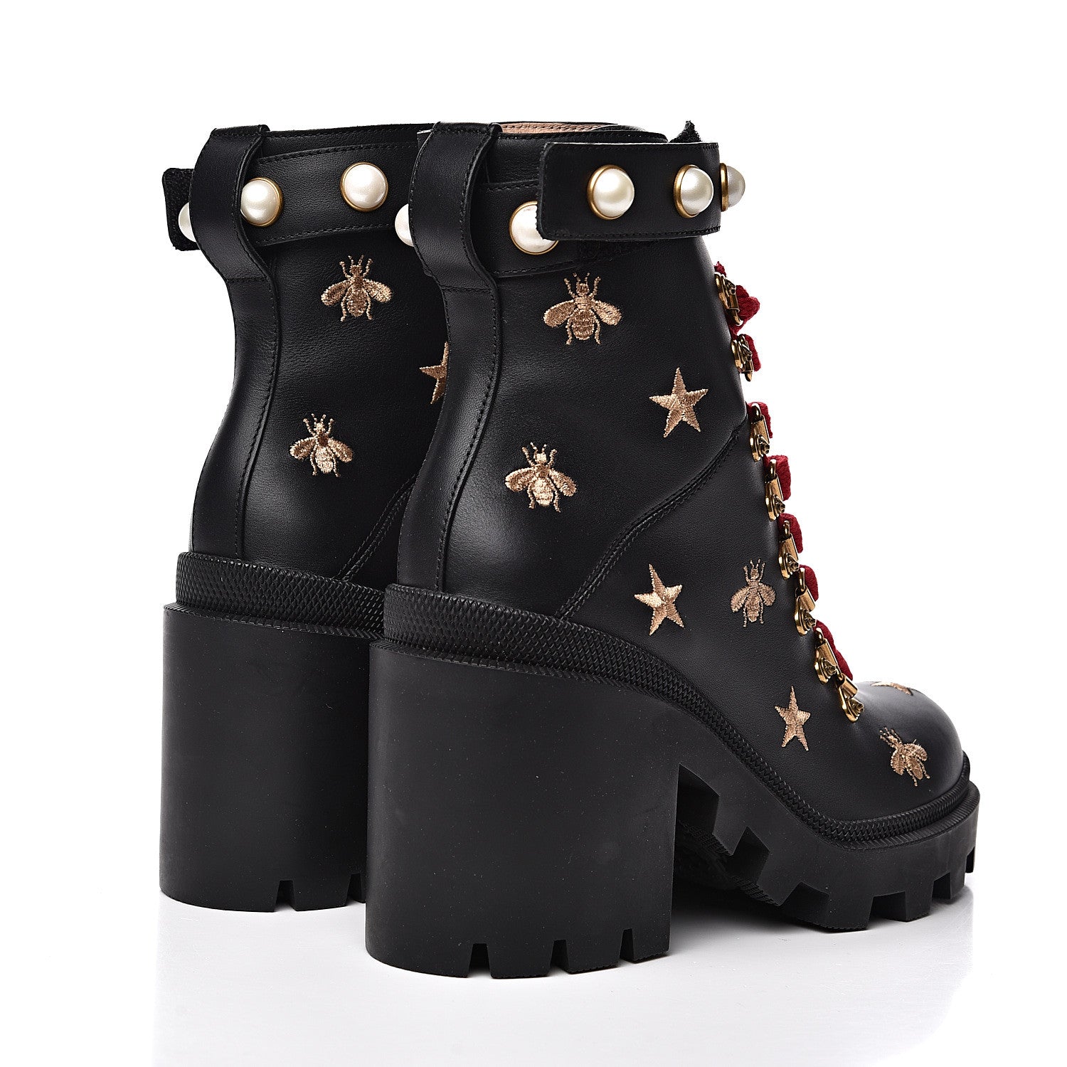 Gucci Calfskin Bee Star Embroidered Lace Up Combat Ankle Boots 37 Black 4 of 9