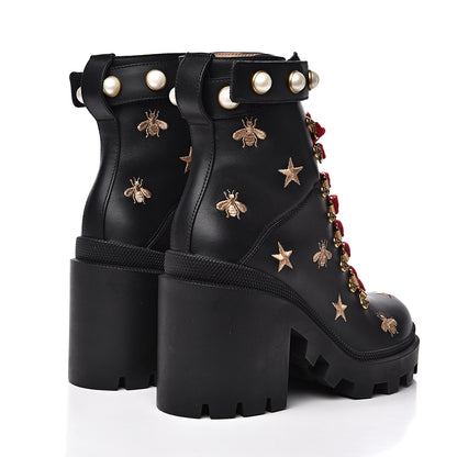 Gucci Calfskin Bee Star Embroidered Lace Up Combat Ankle Boots 37 Black 4 of 9