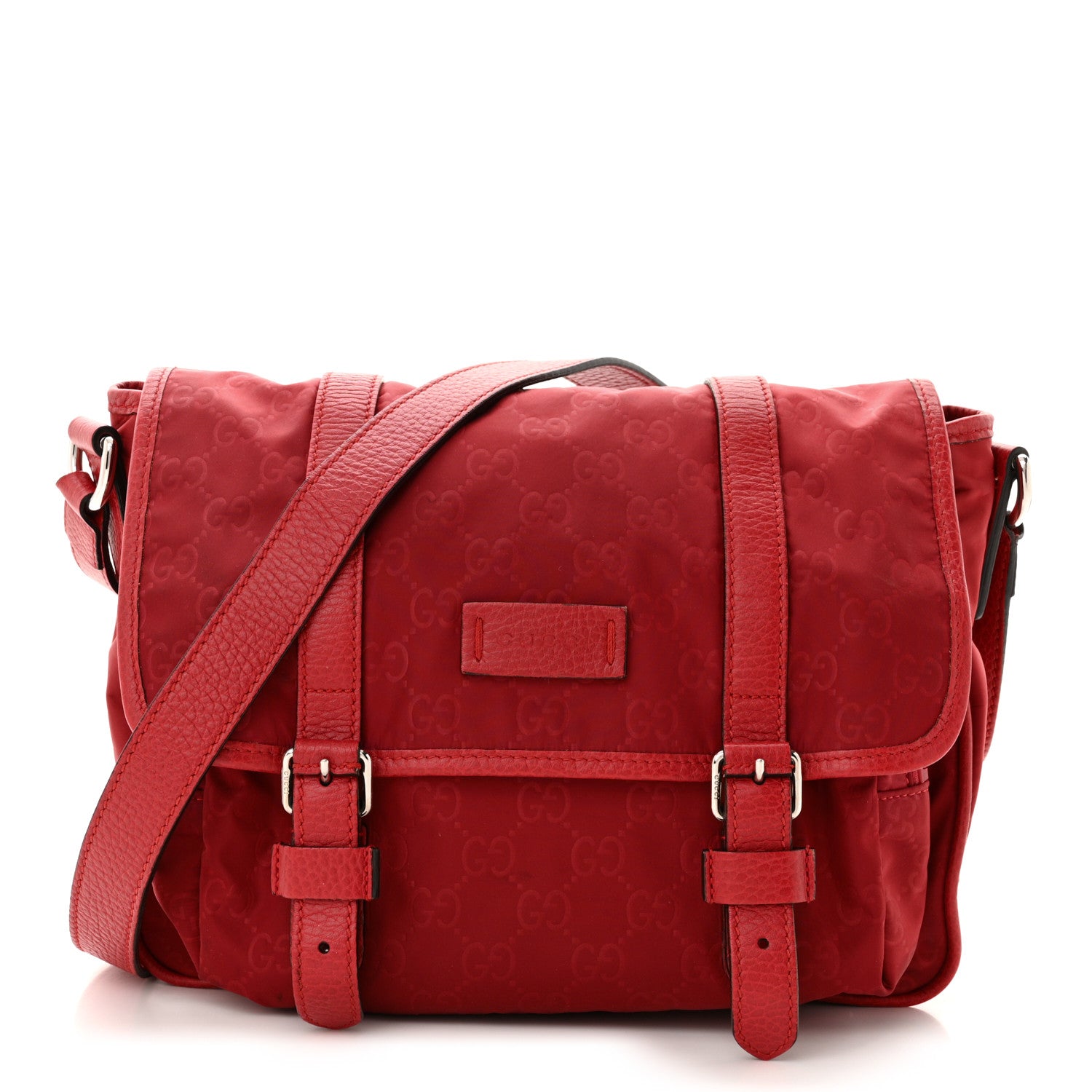 Gucci Nylon Monogram Double Buckle Flap Messenger Bag Vibrant Red 1 of 12