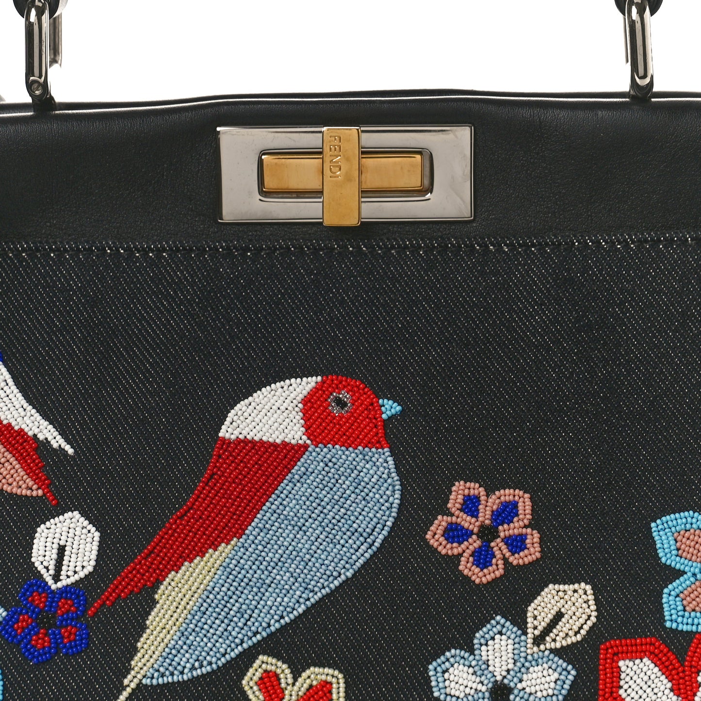 Denim Vitello Dolce QuTweet Beaded Medium Peekaboo Iconic Satchel Dark Blue Multicolor Black