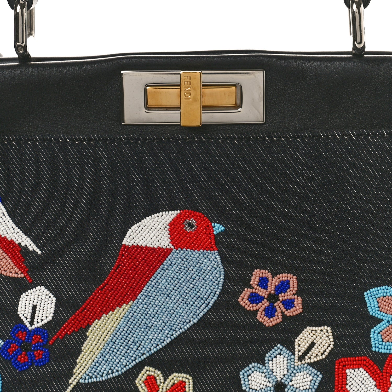 Fendi Denim Vitello Dolce QuTweet Beaded Medium Peekaboo Iconic Satchel Dark Blue Multicolor Black 7 of 9