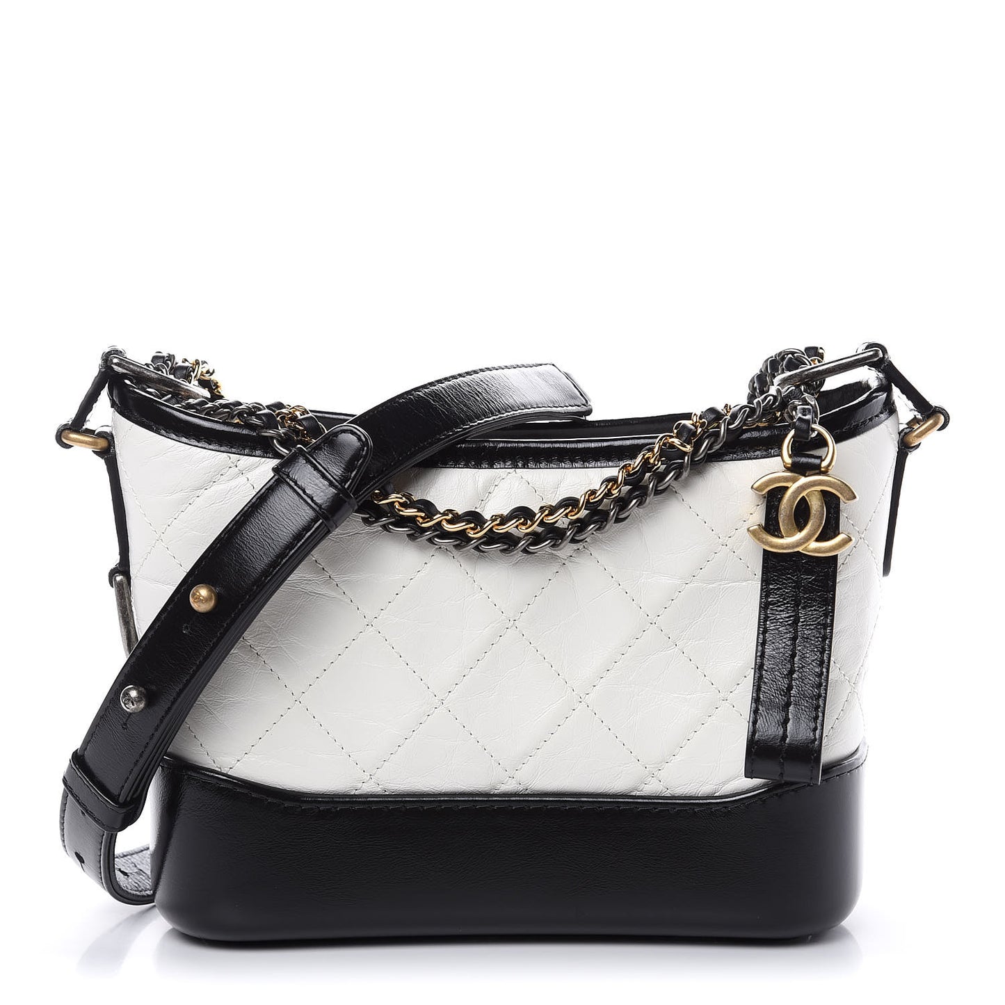 Aged Calfskin Quilted Small Gabrielle Hobo Black White