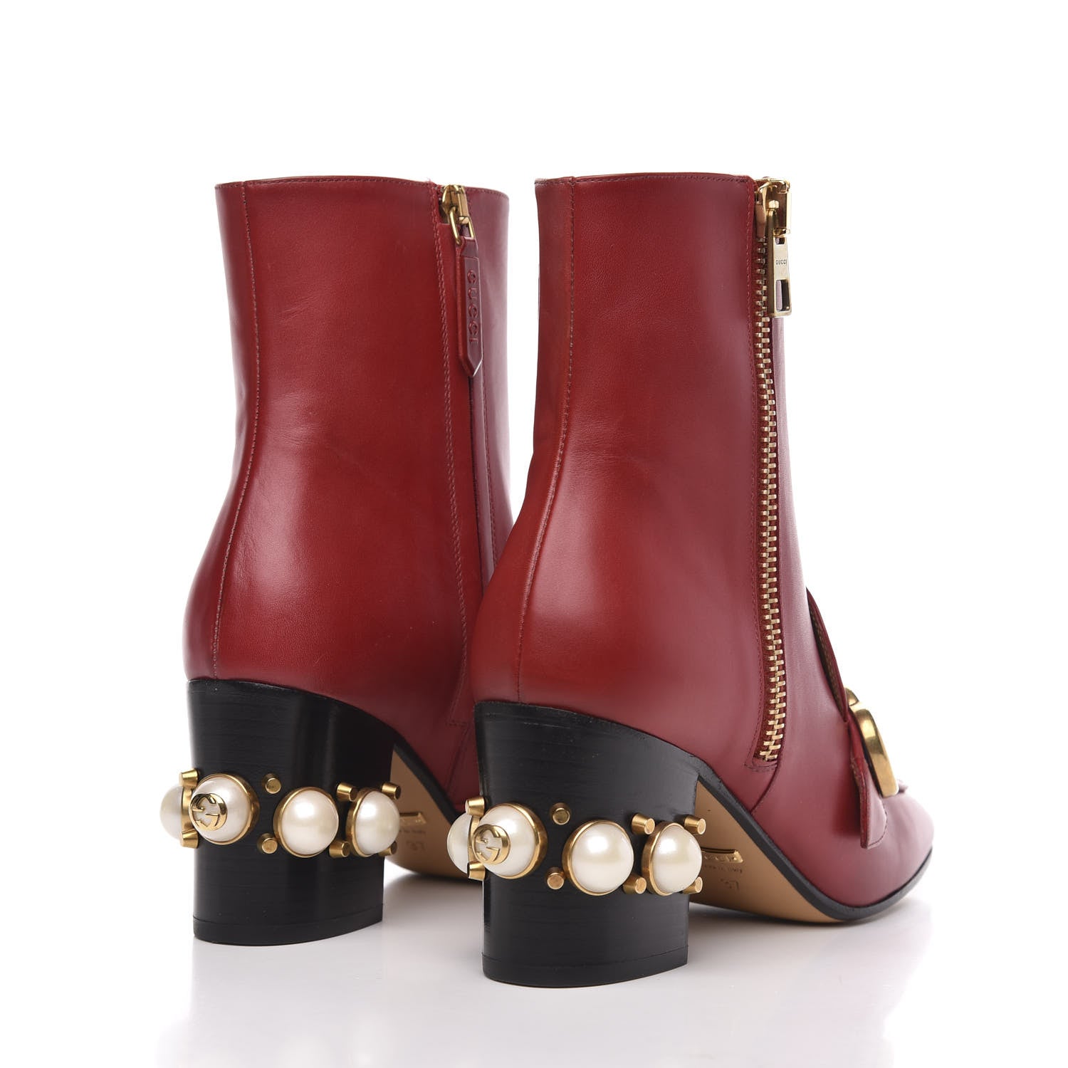Gucci Calfskin Web Pearl Embellished Peyton Ankle Boots 37 Red 4 of 9