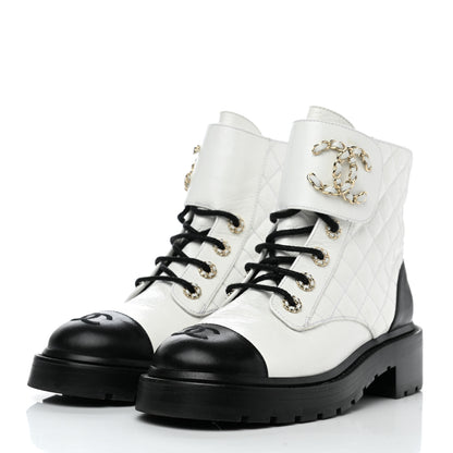 Chanel Shiny Goatskin Calfskin Quilted Lace Up Combat Boots 38 Ivory Black 3 of 9