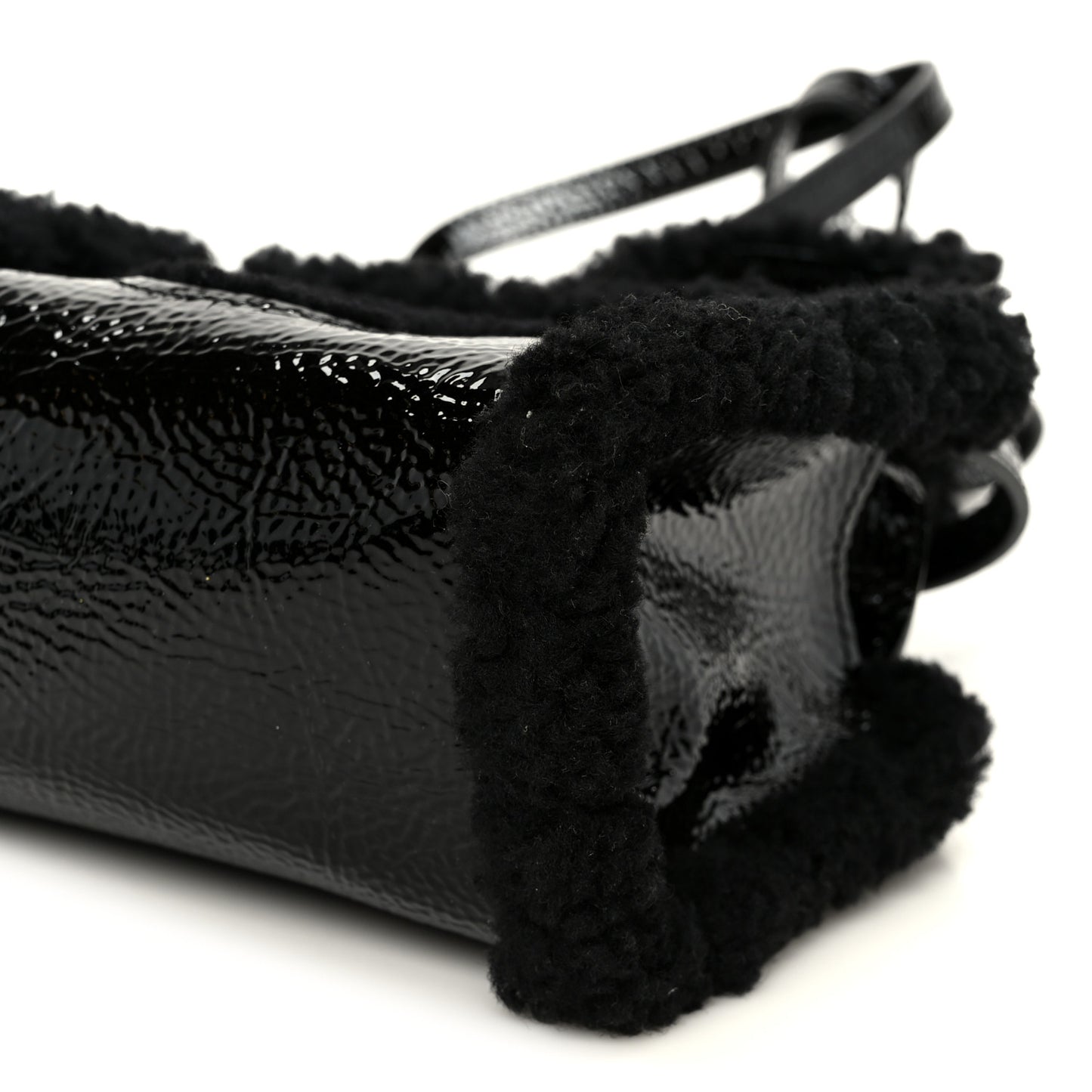 X UGG Crinkle Patent Shearling Small Shopping Bag Black