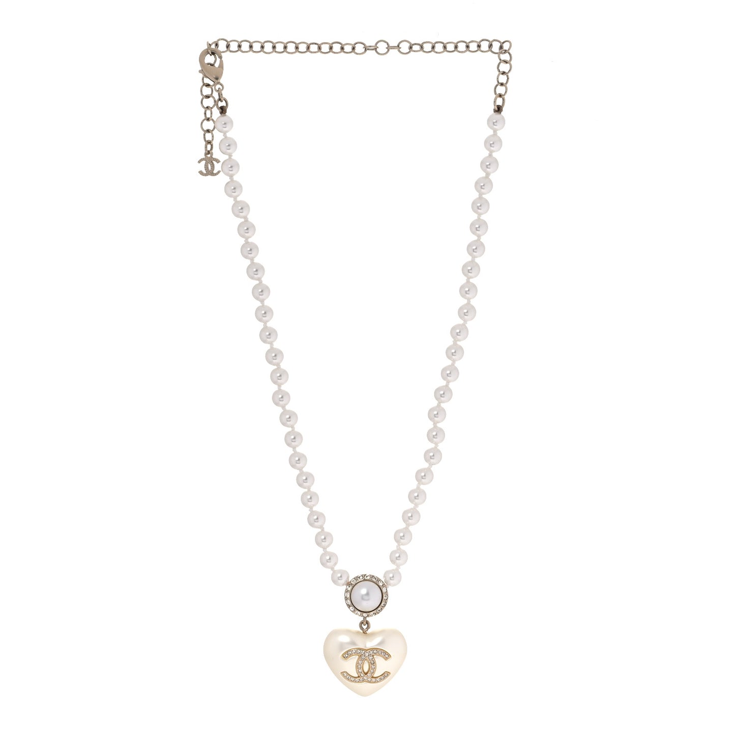 Pearl Crystal CC Heart Short Necklace Pearly White Gold