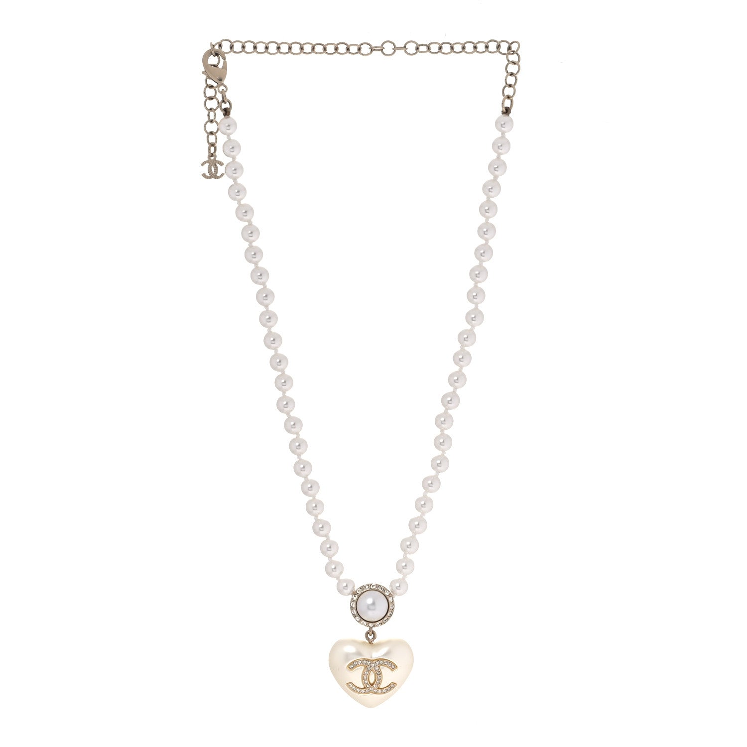 Chanel Pearl Crystal CC Heart Short Necklace Pearly White Gold 1 of 4