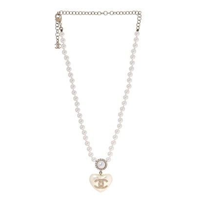 Chanel Pearl Crystal CC Heart Short Necklace Pearly White Gold 1 of 4