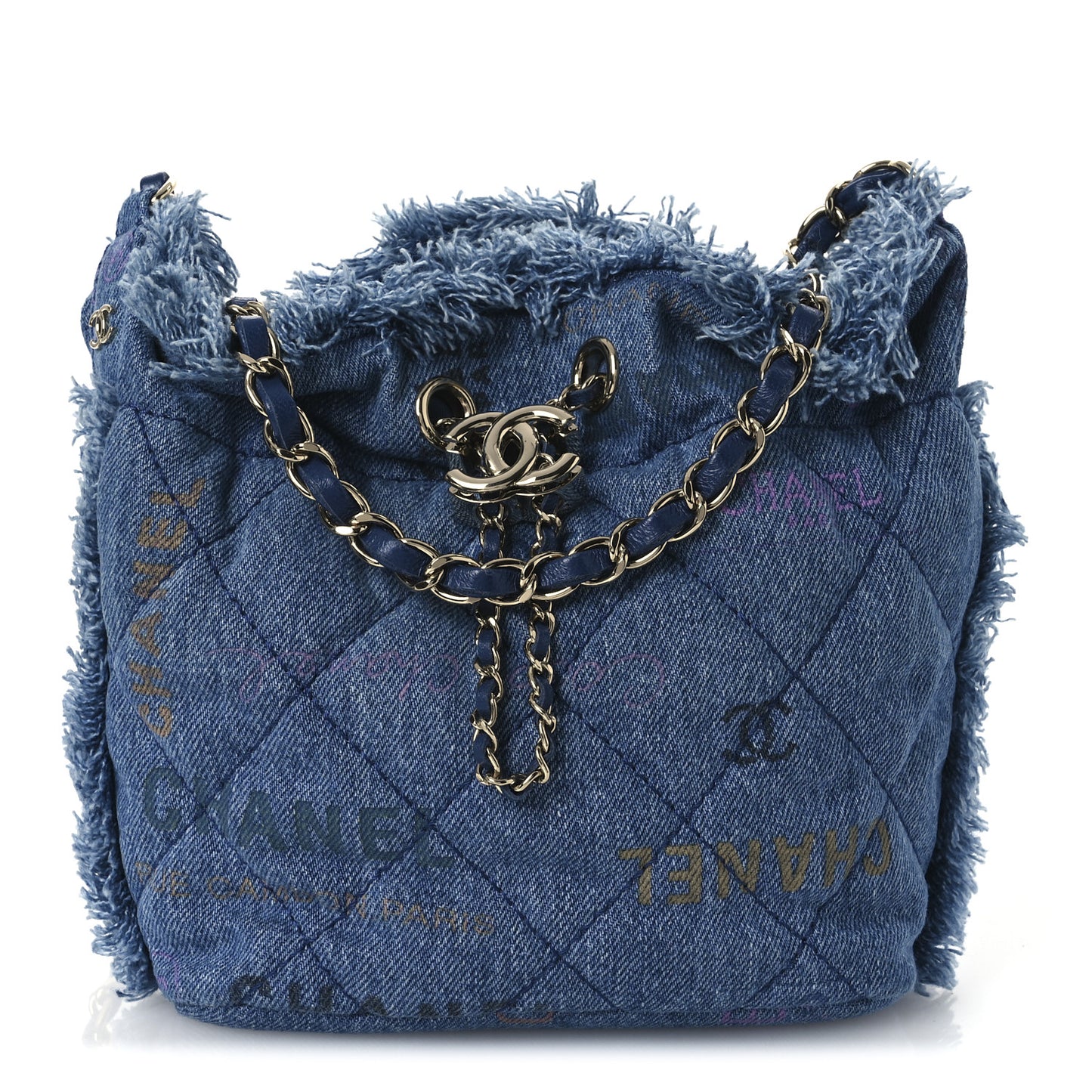 Denim Quilted Small Mood Bucket With Chain Blue Multicolor