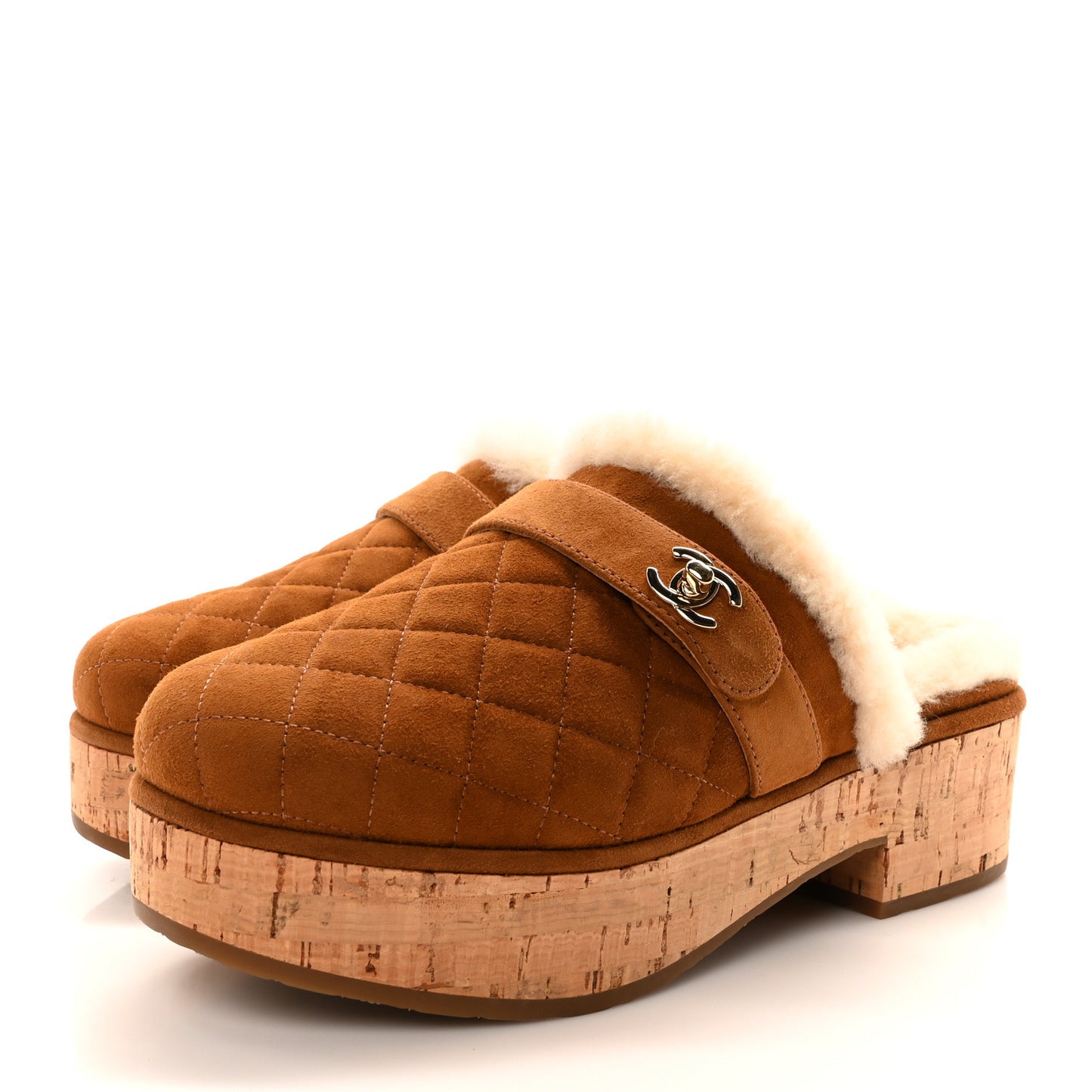 Suede Calfskin Shearling Turn Lock Clogs 37 Brown