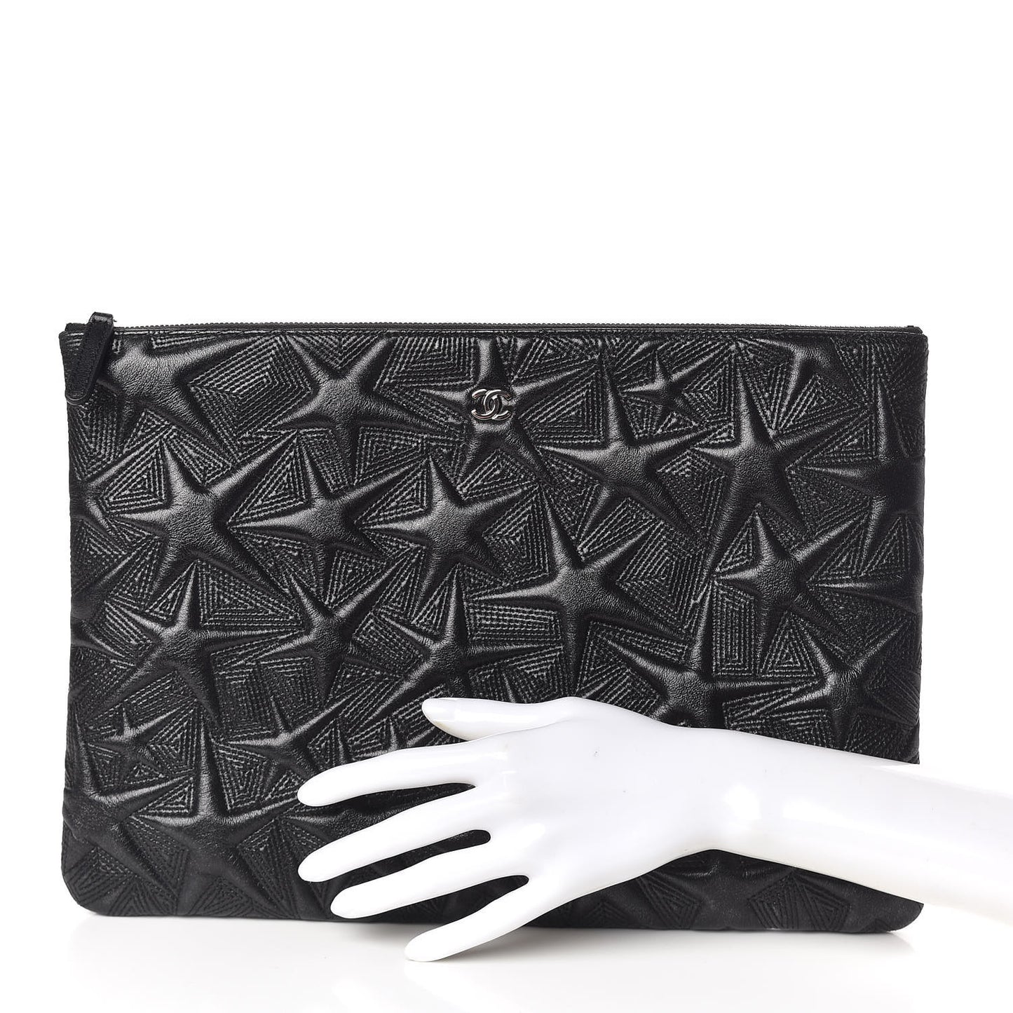 Metallic Lambskin Star Embossed Large Cosmetic Pouch Black