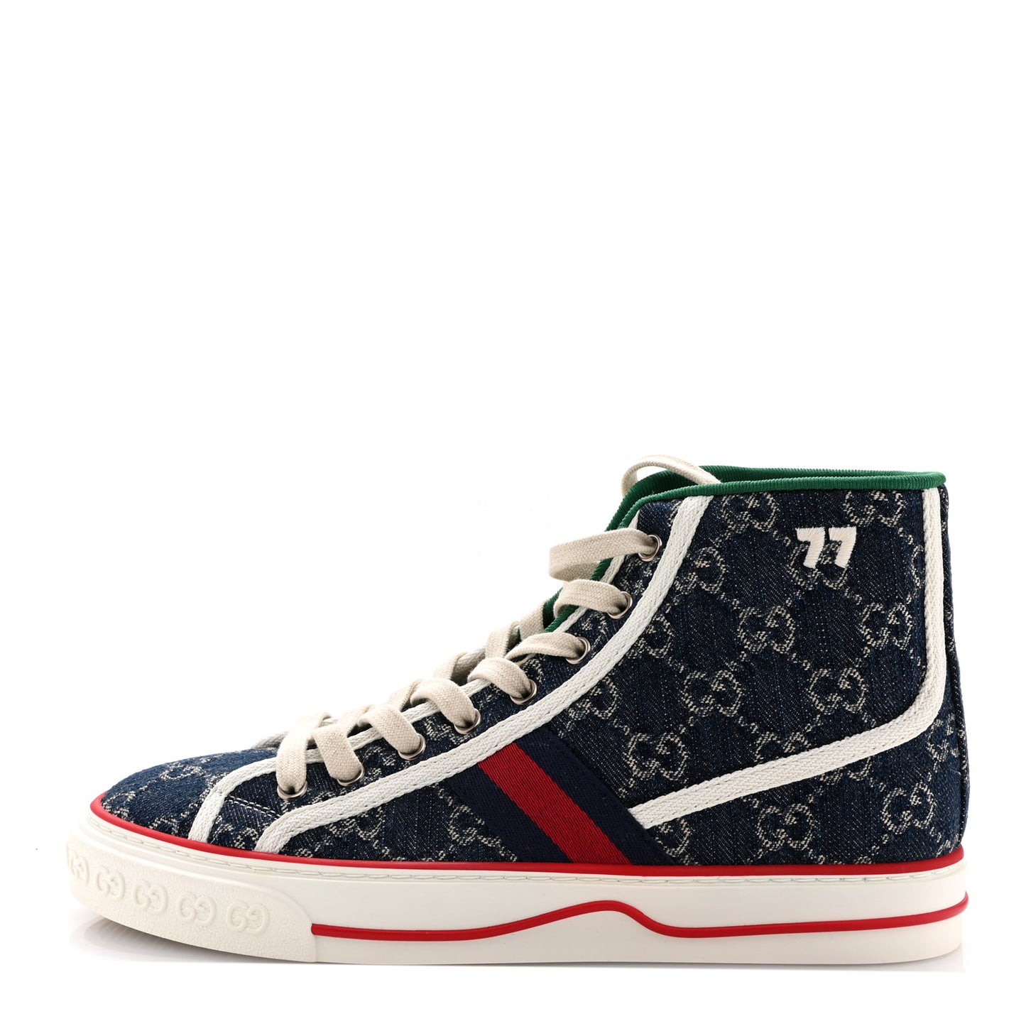 New Denim GG Monogram Web Womens 1977 Tennis High Top Sneakers 39 Blue Tea Mystic White