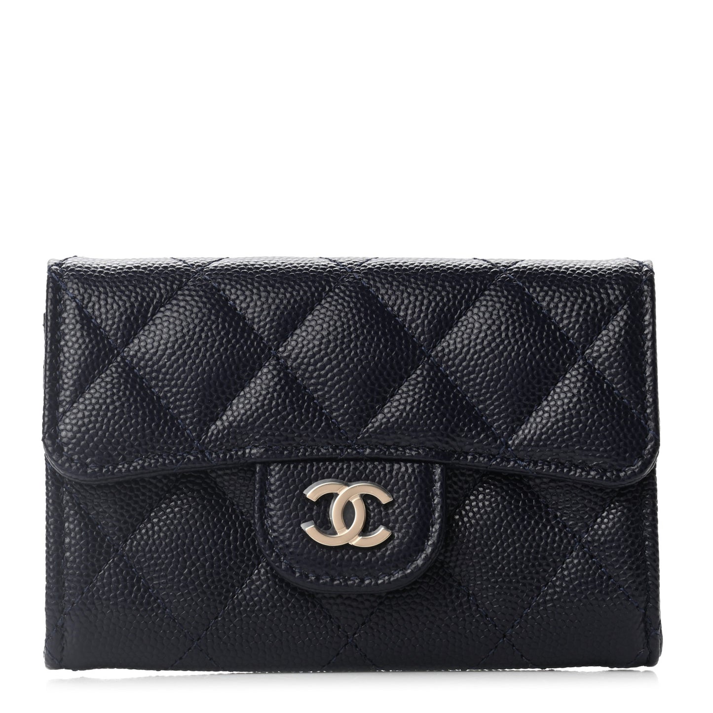 Caviar Quilted Flap Card Holder Wallet Navy