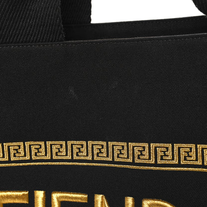 Fendi X VERSACE Cotton Canvas Cuoio Romano Fendace Logo Embroidered Signature Shopping Tote Black Gold 14 of 14
