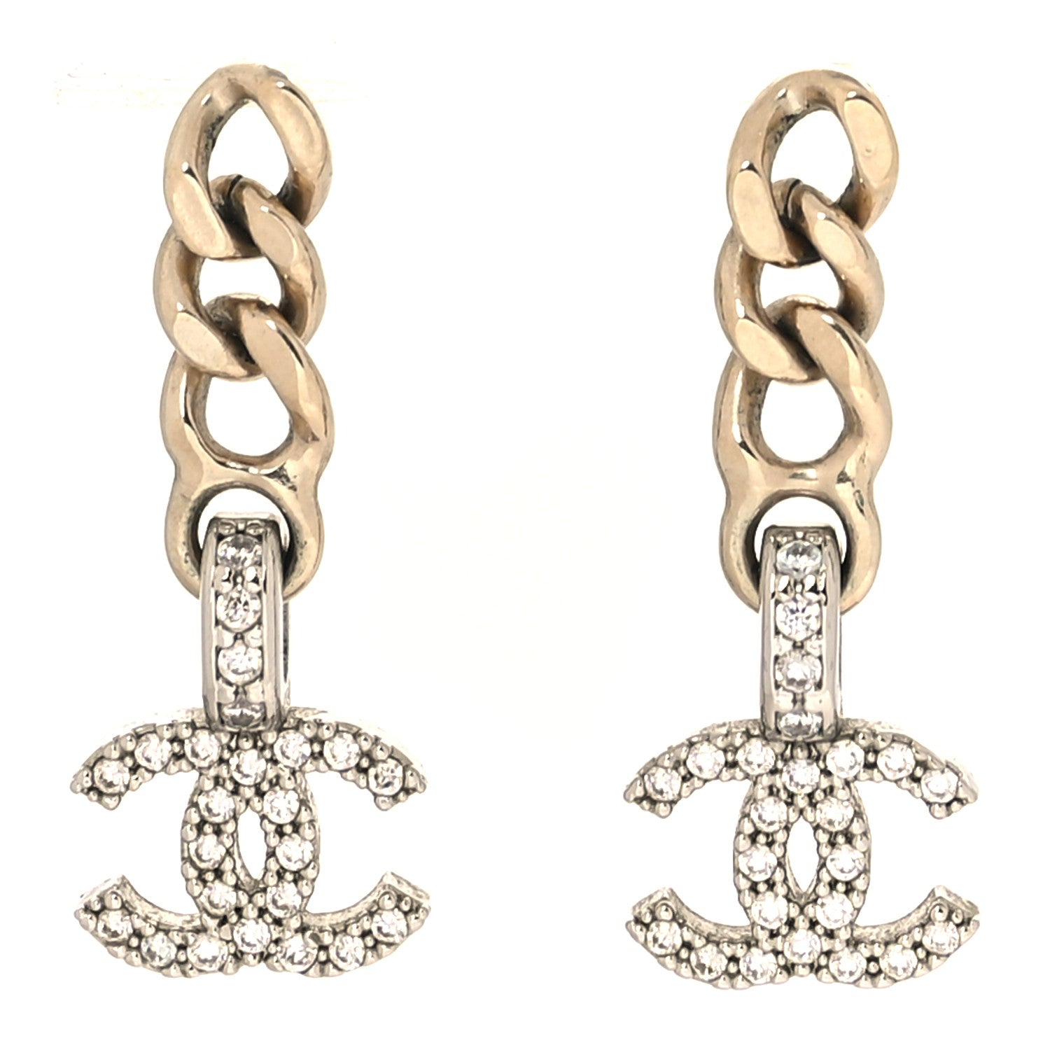 Chanel Metal Crystal CC Chain Drop Earrings Gold 1 of 5