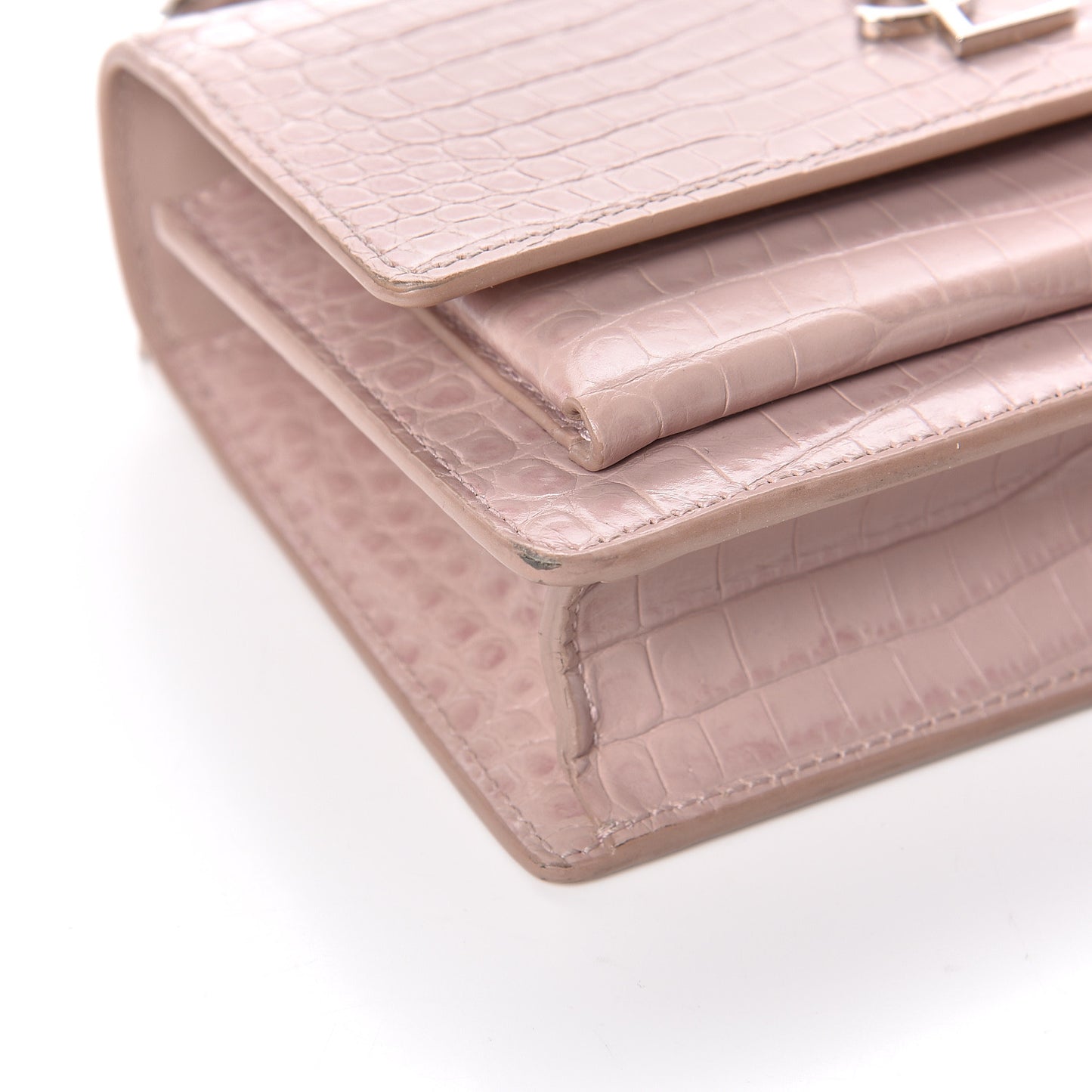 Calfskin Crocodile Embossed Monogram Sunset Chain Wallet Soft Nude