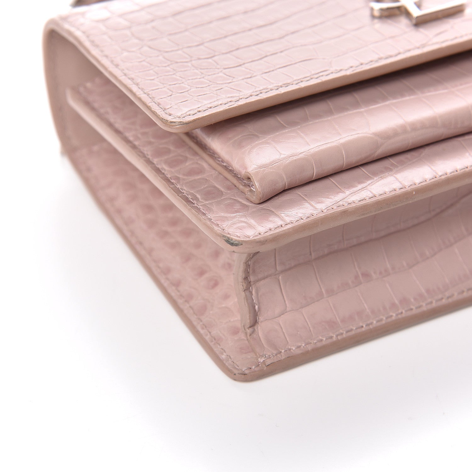 Saint Laurent Calfskin Crocodile Embossed Monogram Sunset Chain Wallet Soft Nude 8 of 12