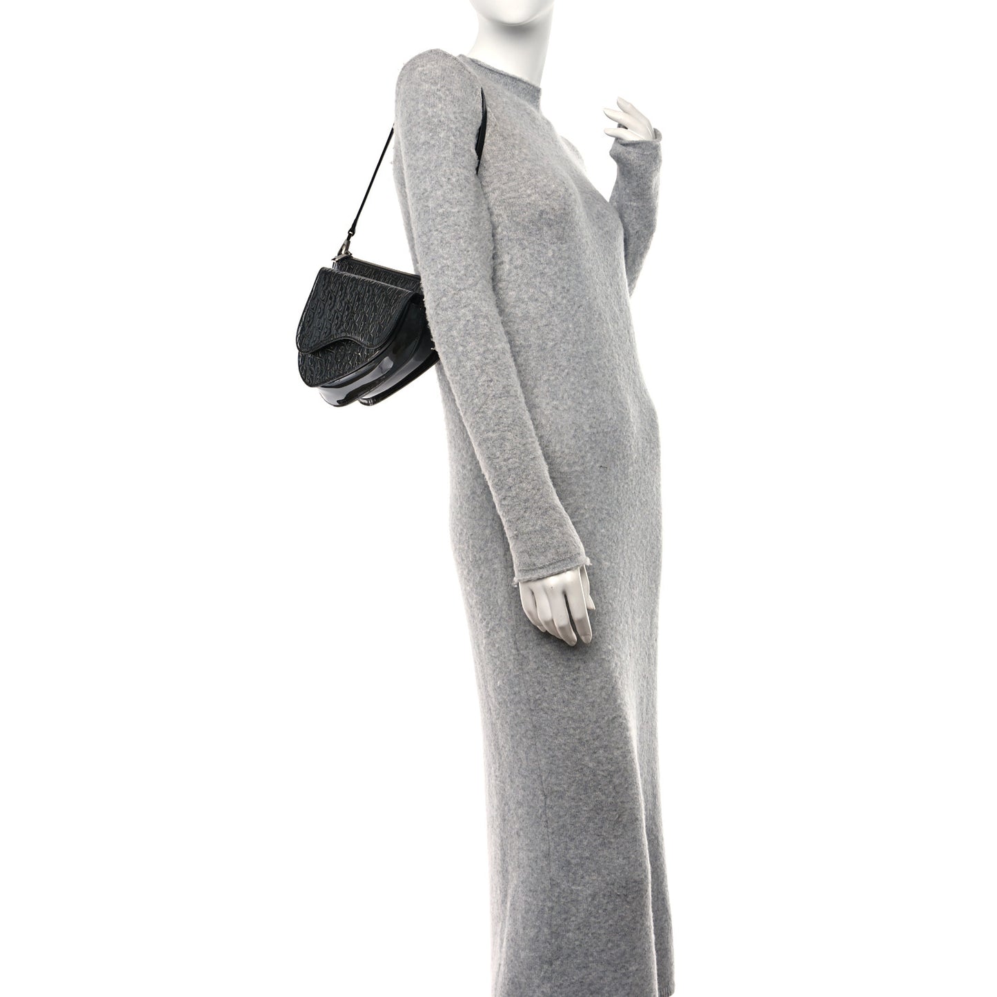 Patent Oblique Embossed Saddle Boxy Bag Black