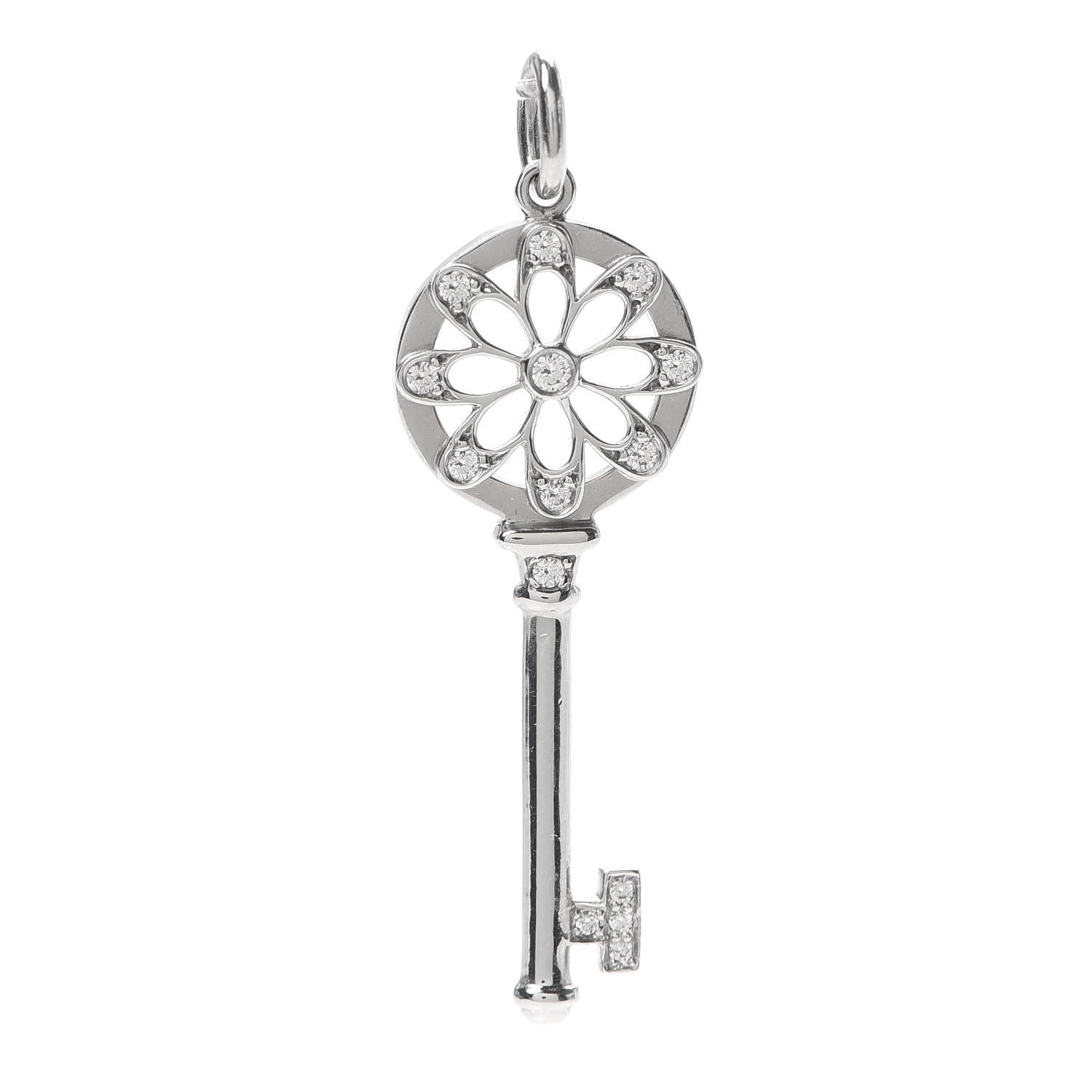 Tiffany 18K White Gold Diamond Floral Key Pendant 1 of 4