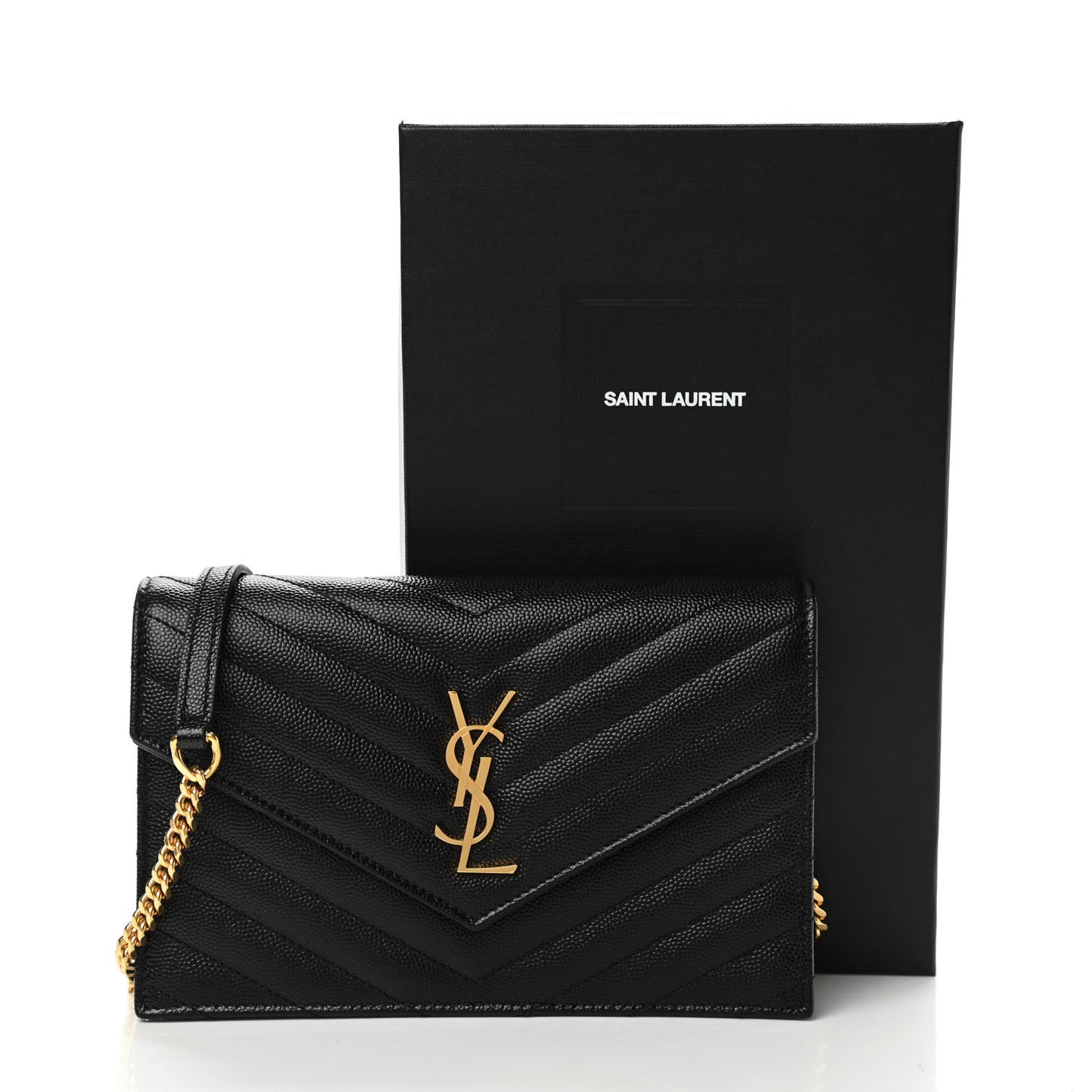 Grain De Poudre Matelasse Chevron Monogram Envelope Chain Wallet Black