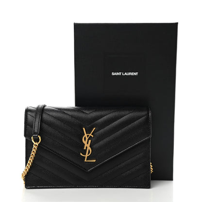 Saint Laurent Grain De Poudre Matelasse Chevron Monogram Envelope Chain Wallet Black 10 of 10