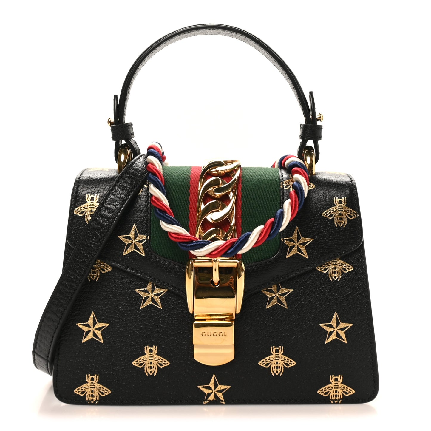Textured Calfskin Bee Star Print Mini Sylvie Top Handle Bag Black