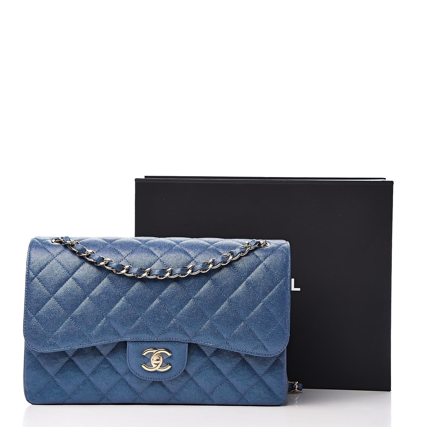 Iridescent Caviar Quilted Jumbo Double Flap Dark Blue