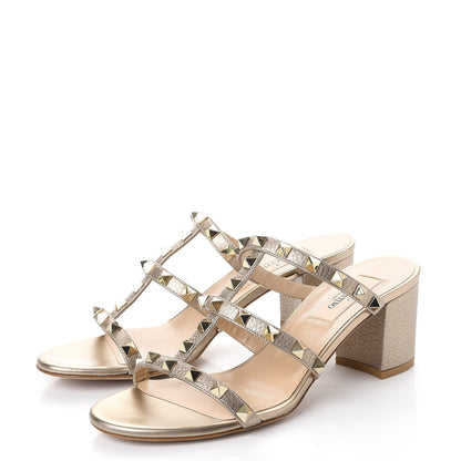 Valentino Garavani Metallic Pebbled Calfskin Rockstud 60mm Caged Slide Sandals 37 Skin 3 of 9