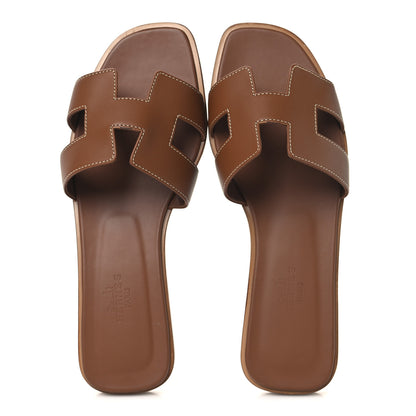 Hermes Box Calfskin Oran Sandals 37.5 Gold 2 of 9