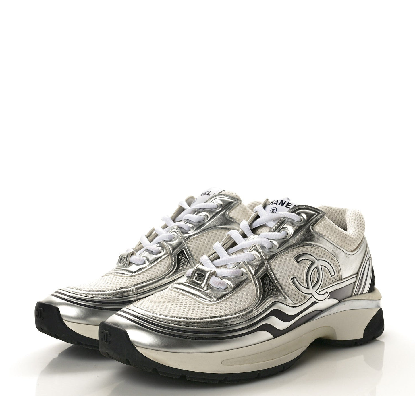 Fabric Laminated Calfskin Stretch CC Sneakers 38 White Gold Silver