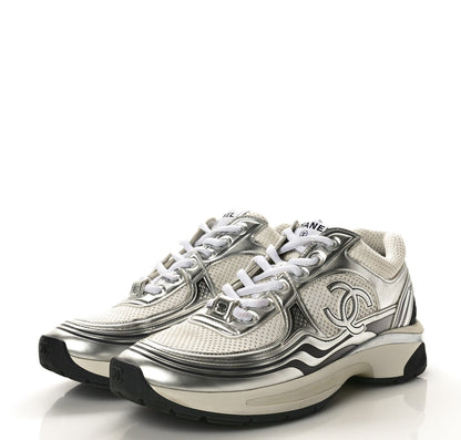 Chanel Fabric Laminated Calfskin Stretch CC Sneakers 38 White Gold Silver 3 of 6