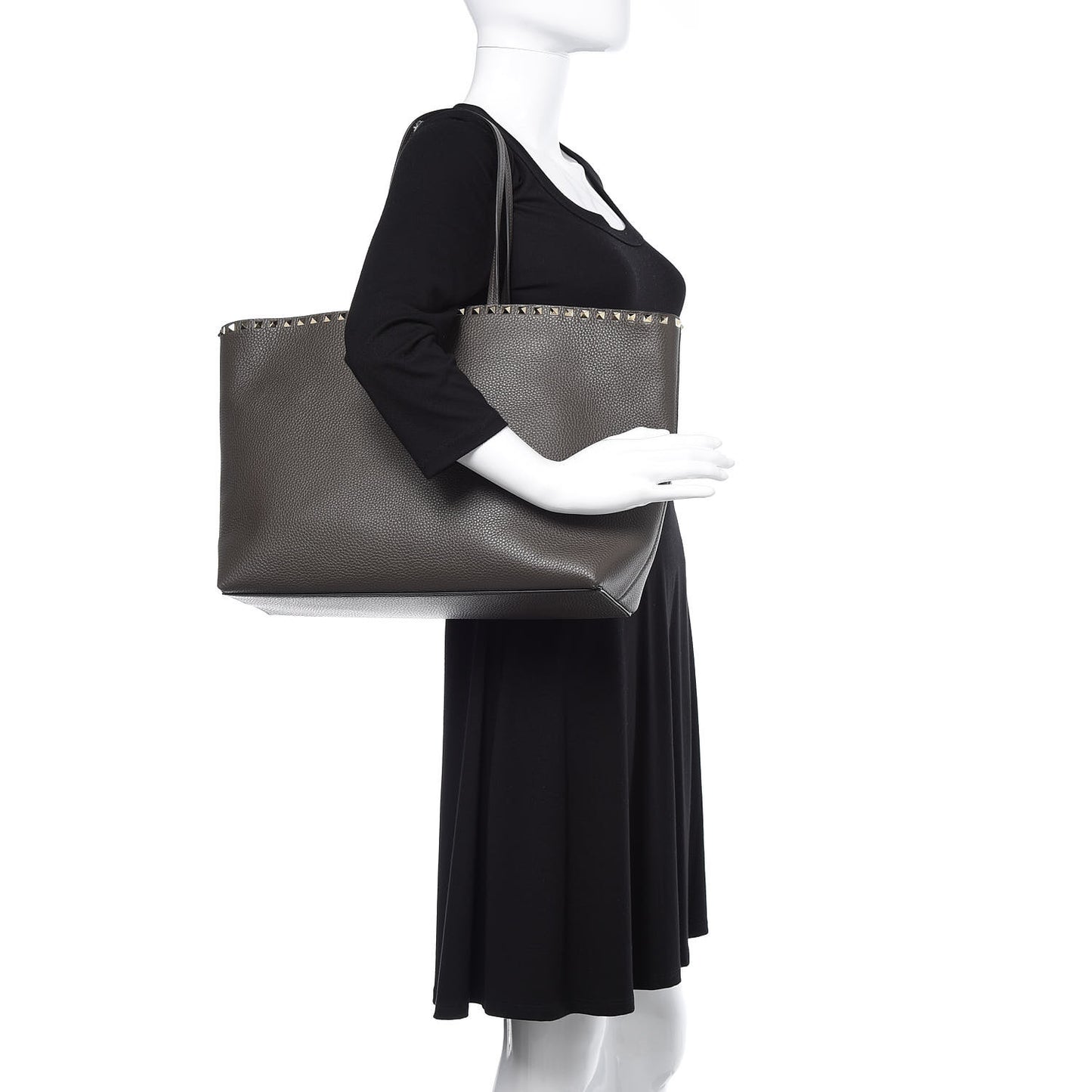 Grained Calfskin Rockstud Shoulder Tote Graphite