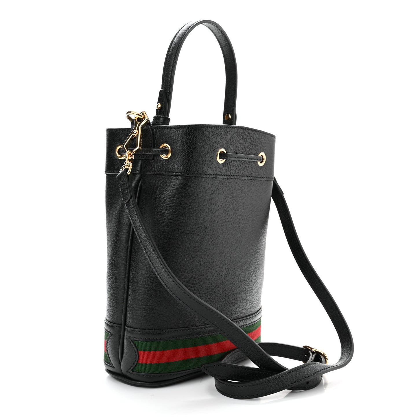 Glazed Textured Calfskin Web Small Ophidia Bucket Bag Black