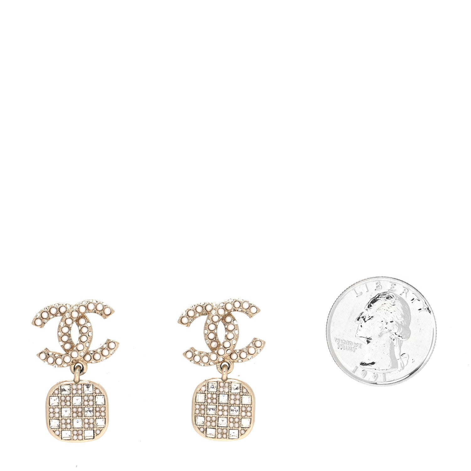 Chanel Pearl Baguette Crystal CC Drop Earrings Gold 2 of 4